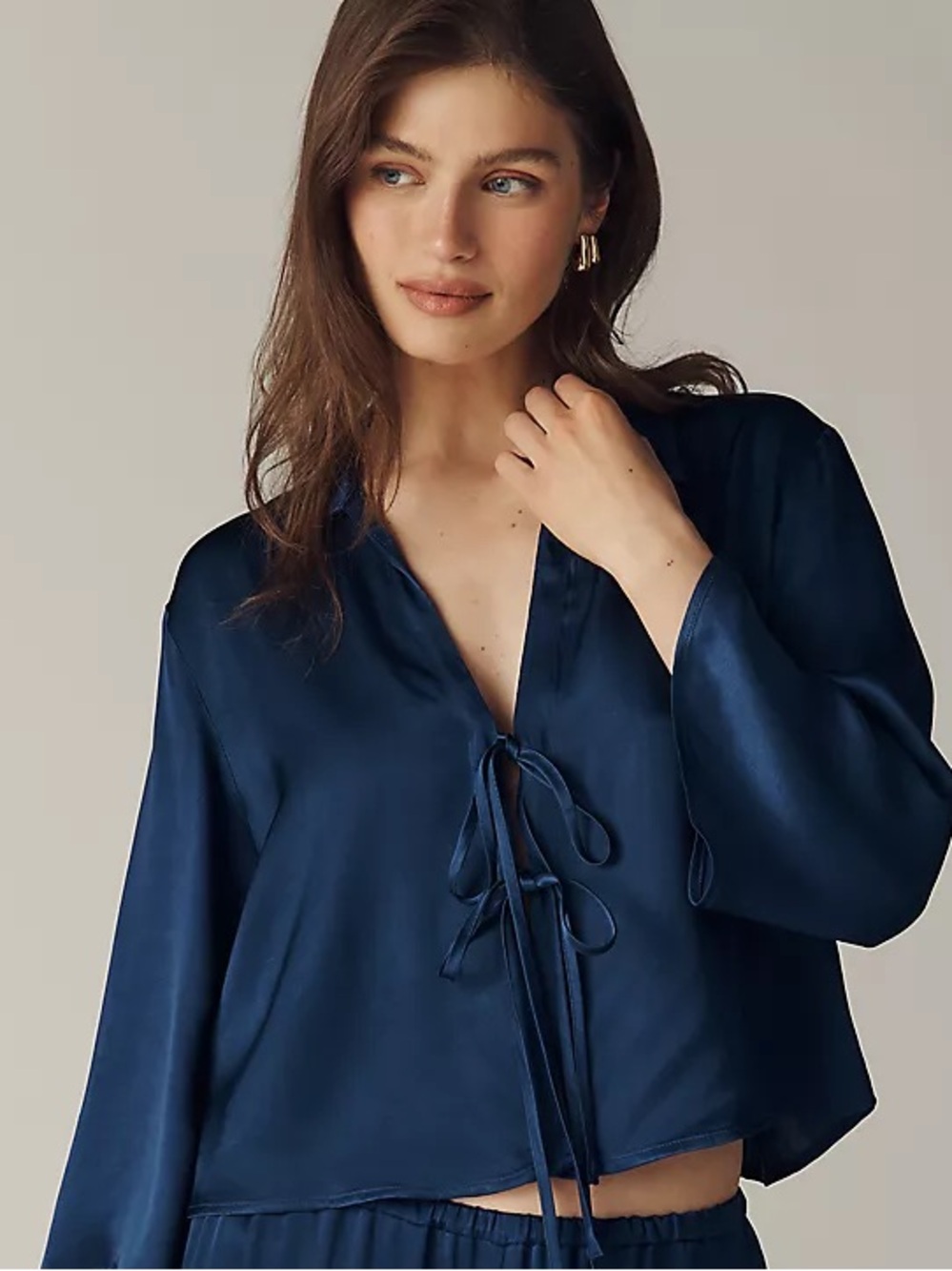 NWT Anthropologie Maeve Long-Sleeve Silken Tie-Front Top